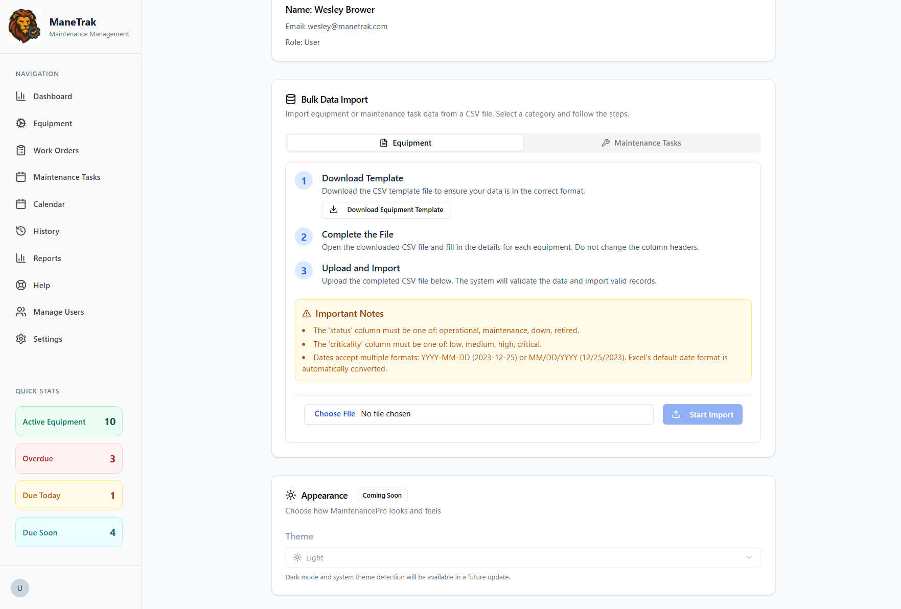 Bulk data import interface for uploading equipment records and maintenance tasks from CSV files with step-by-step guided process